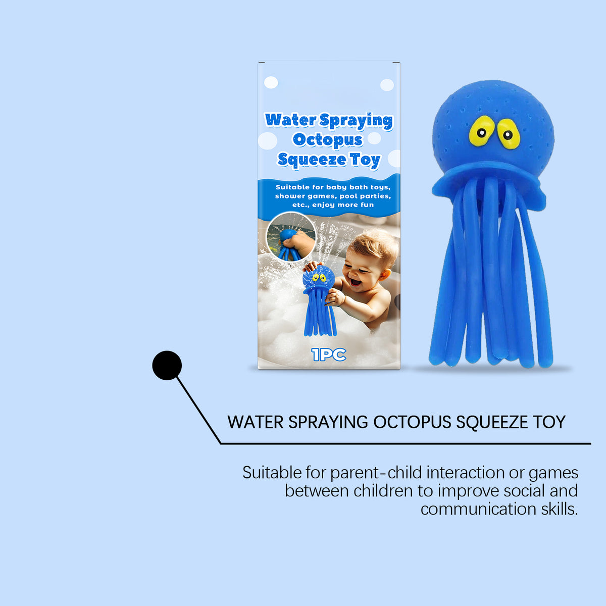 Octopus Water Spraying Squeeze Toy, Kids Bath & Pool Water Toy, Blue, 6.29 in