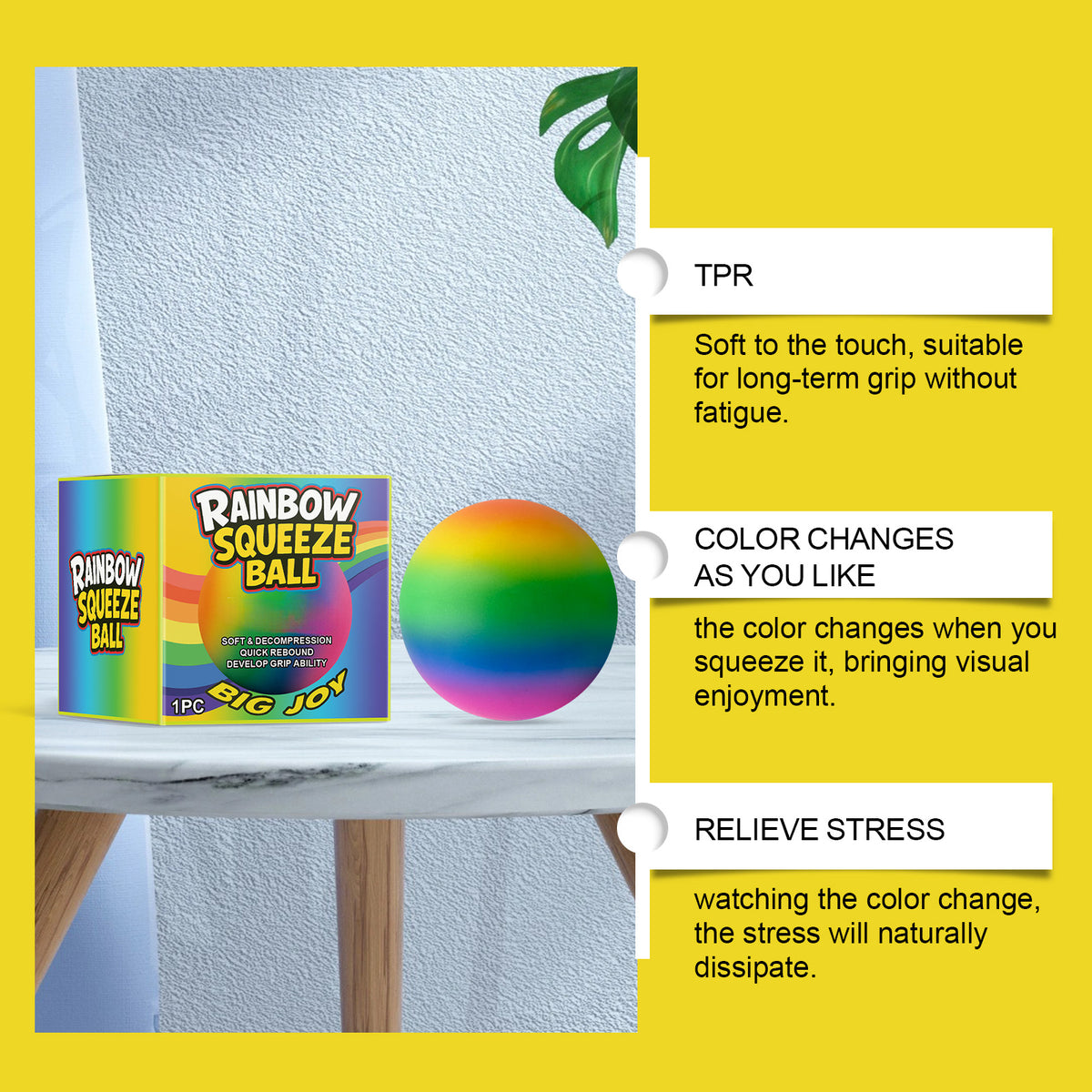 Rainbow Squeeze Stress Ball, Soft TPR Fidget Toy for Stress Relief, Hand Exercise and Sensory Play, 2.36 in