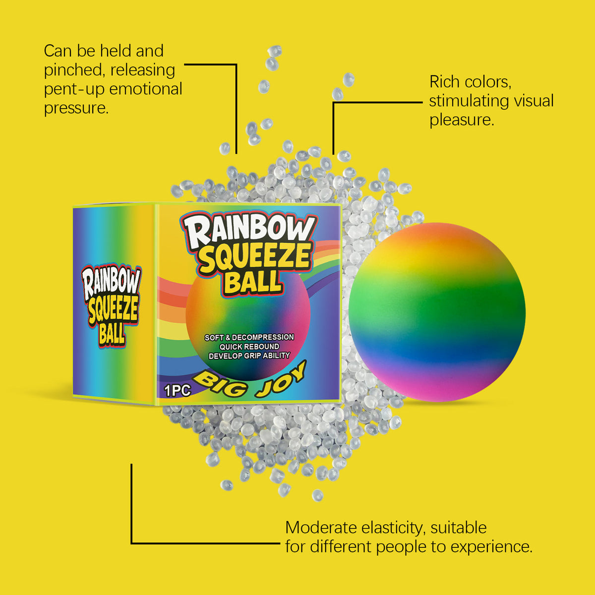 Rainbow Squeeze Stress Ball, Soft TPR Fidget Toy for Stress Relief, Hand Exercise and Sensory Play, 2.36 in
