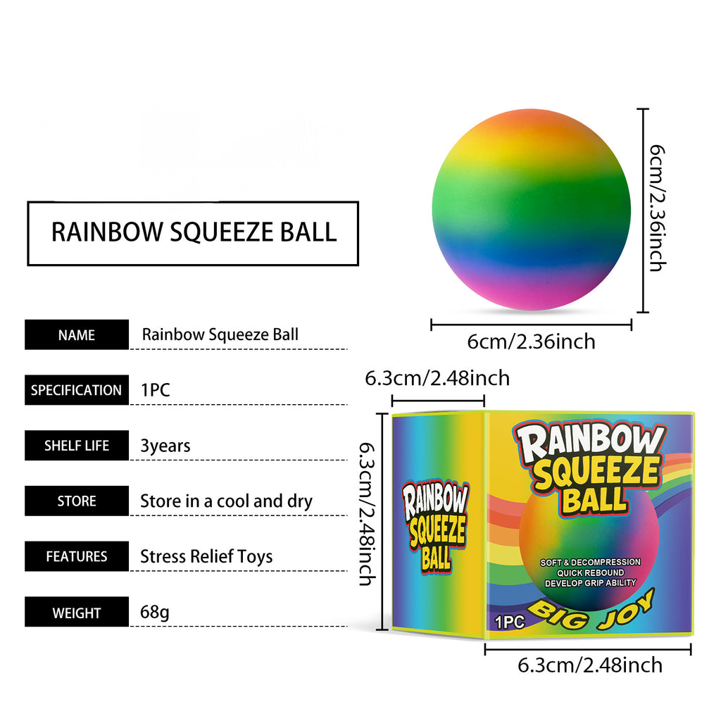 Rainbow Squeeze Stress Ball, Soft TPR Fidget Toy for Stress Relief, Hand Exercise and Sensory Play, 2.36 in