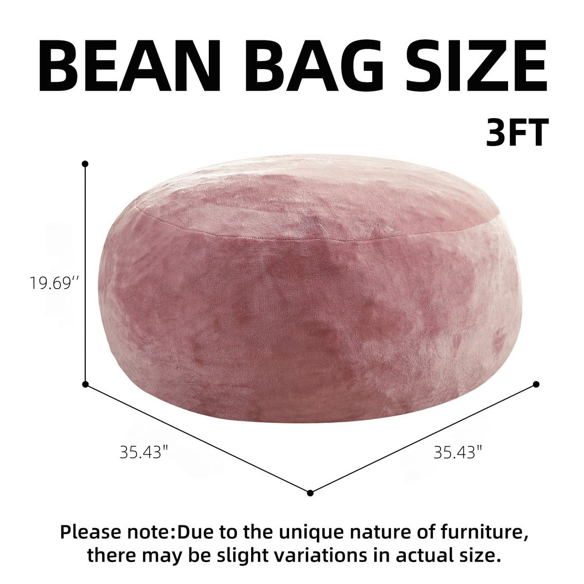 3 ft Pink Bean Bag Chair with Memory Foam Filling, Soft Teddy Velvet, Removable Washable Cover for Living Room