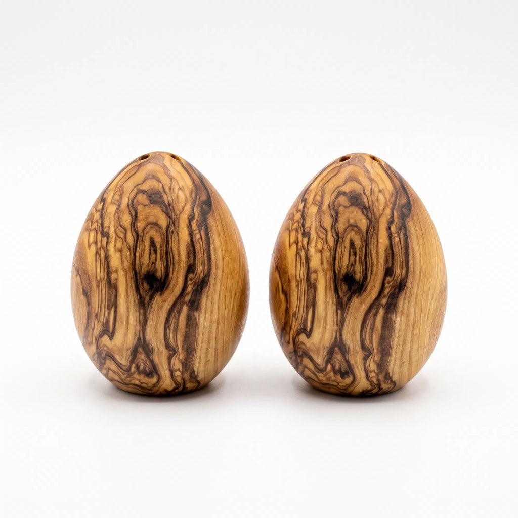 Olive Wood Egg-Shaped Salt & Pepper Shaker Set, Hand-Carved Natural Wood, Bottom Fill, Rustic Farmhouse Kitchen Decor, Set of 2
