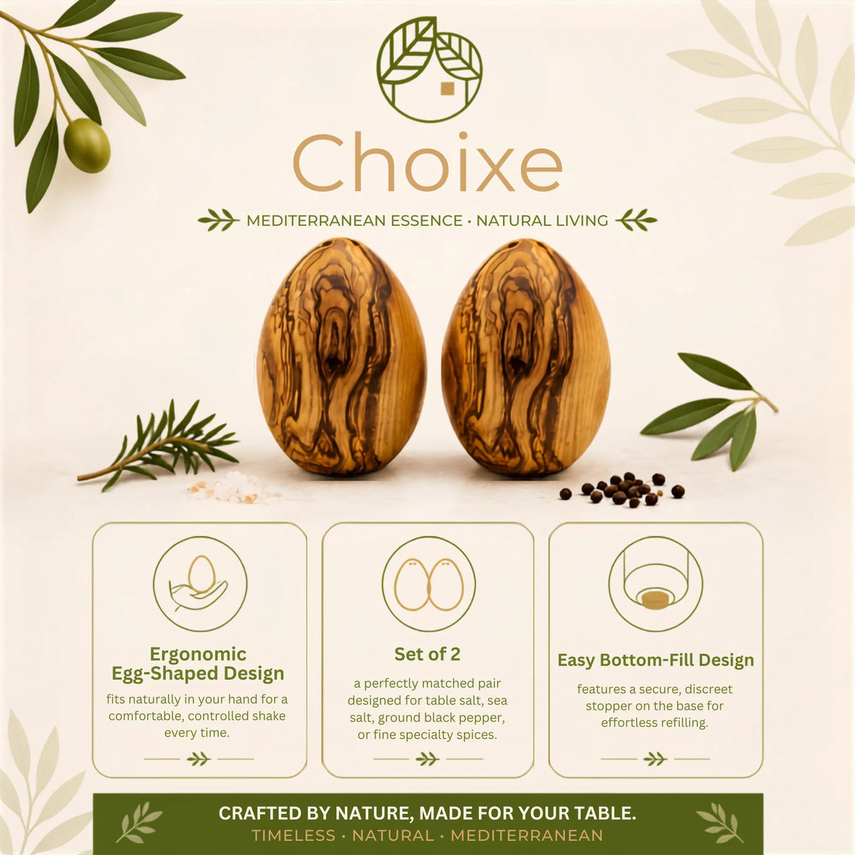Olive Wood Egg-Shaped Salt & Pepper Shaker Set, Hand-Carved Natural Wood, Bottom Fill, Rustic Farmhouse Kitchen Decor, Set of 2