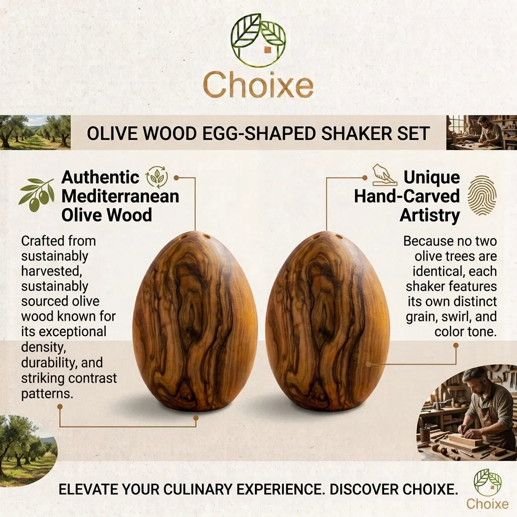 Olive Wood Egg-Shaped Salt & Pepper Shaker Set, Hand-Carved Natural Wood, Bottom Fill, Rustic Farmhouse Kitchen Decor, Set of 2
