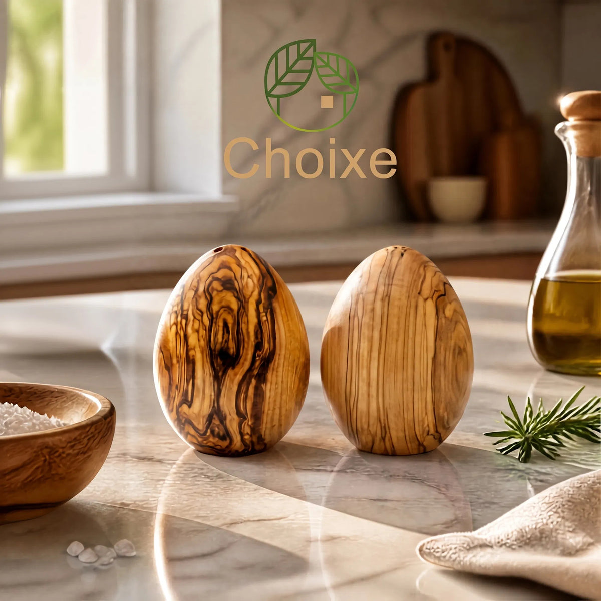 Olive Wood Egg-Shaped Salt & Pepper Shaker Set, Hand-Carved Natural Wood, Bottom Fill, Rustic Farmhouse Kitchen Decor, Set of 2