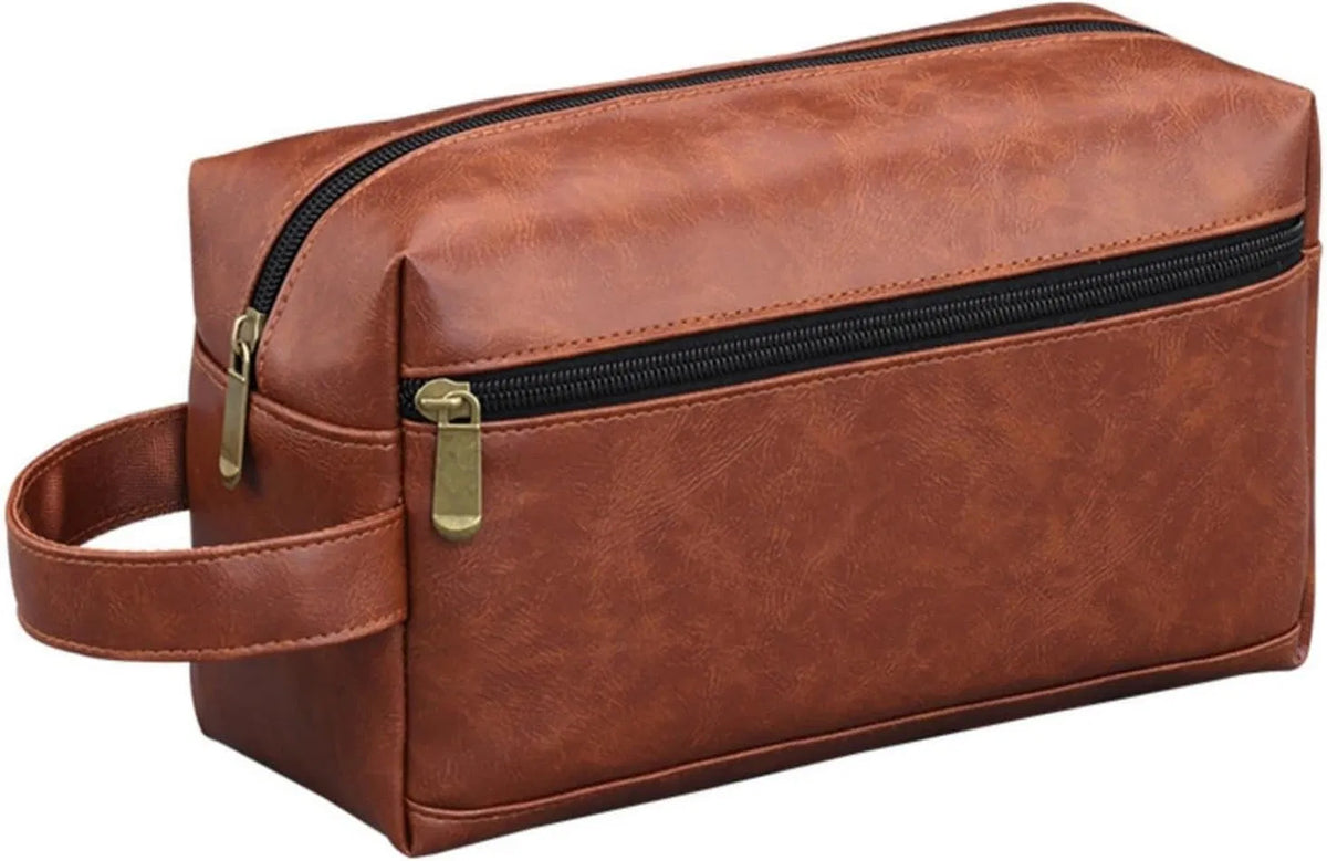 Men's PU Leather Toiletry Bag with Dual Zipper Pockets, Water Resistant Shaving Dopp Kit with Carry Handle for Business Travel