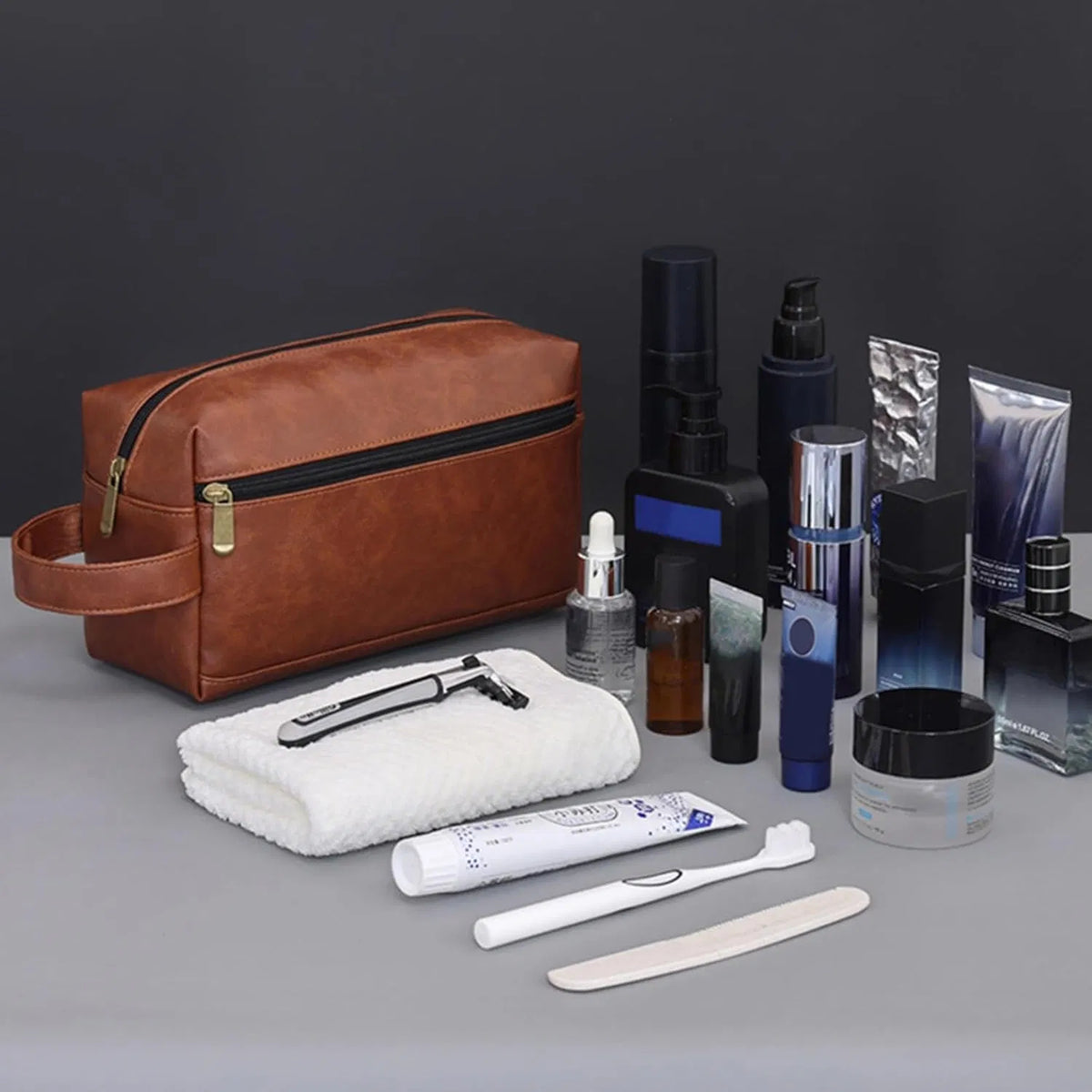 Men's PU Leather Toiletry Bag with Dual Zipper Pockets, Water Resistant Shaving Dopp Kit with Carry Handle for Business Travel
