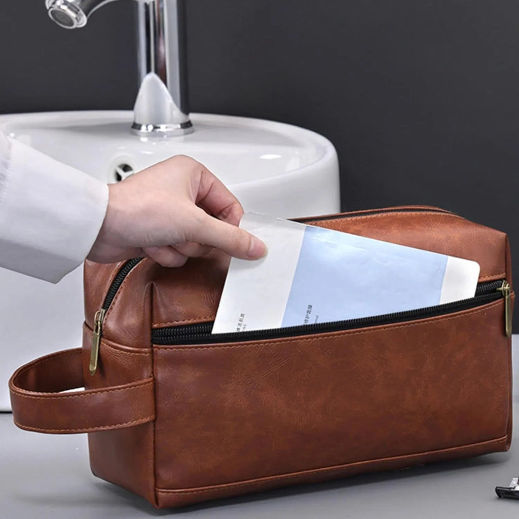 Men's PU Leather Toiletry Bag with Dual Zipper Pockets, Water Resistant Shaving Dopp Kit with Carry Handle for Business Travel