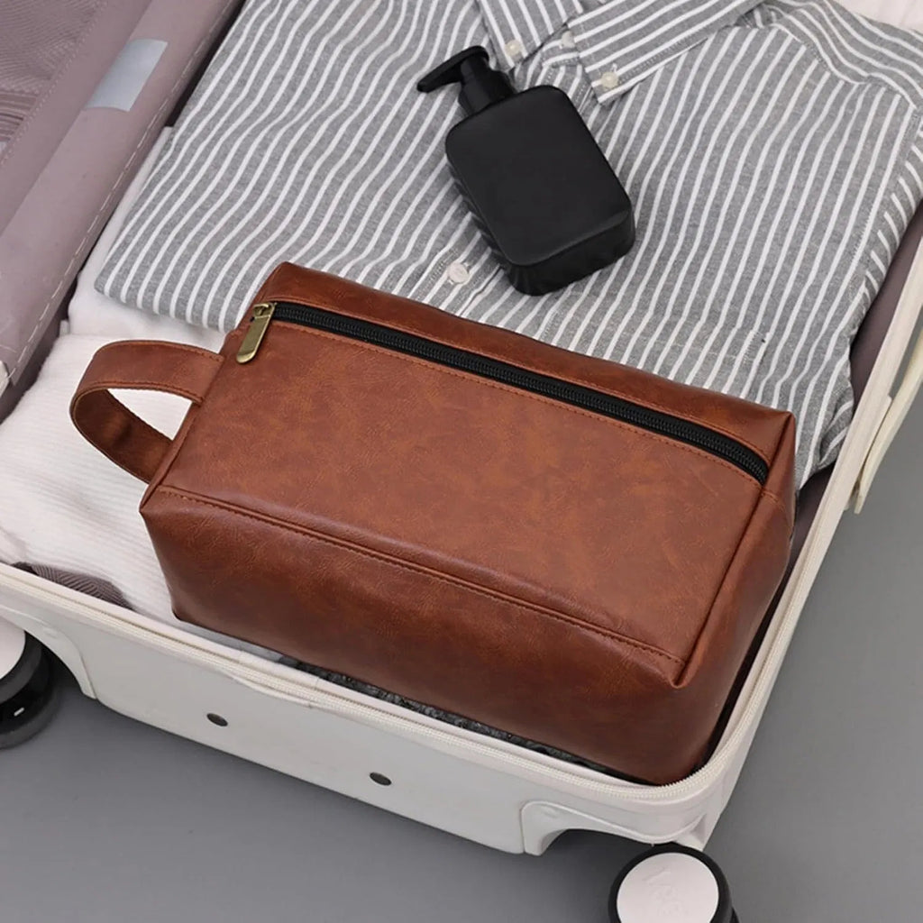 Men's PU Leather Toiletry Bag with Dual Zipper Pockets, Water Resistant Shaving Dopp Kit with Carry Handle for Business Travel