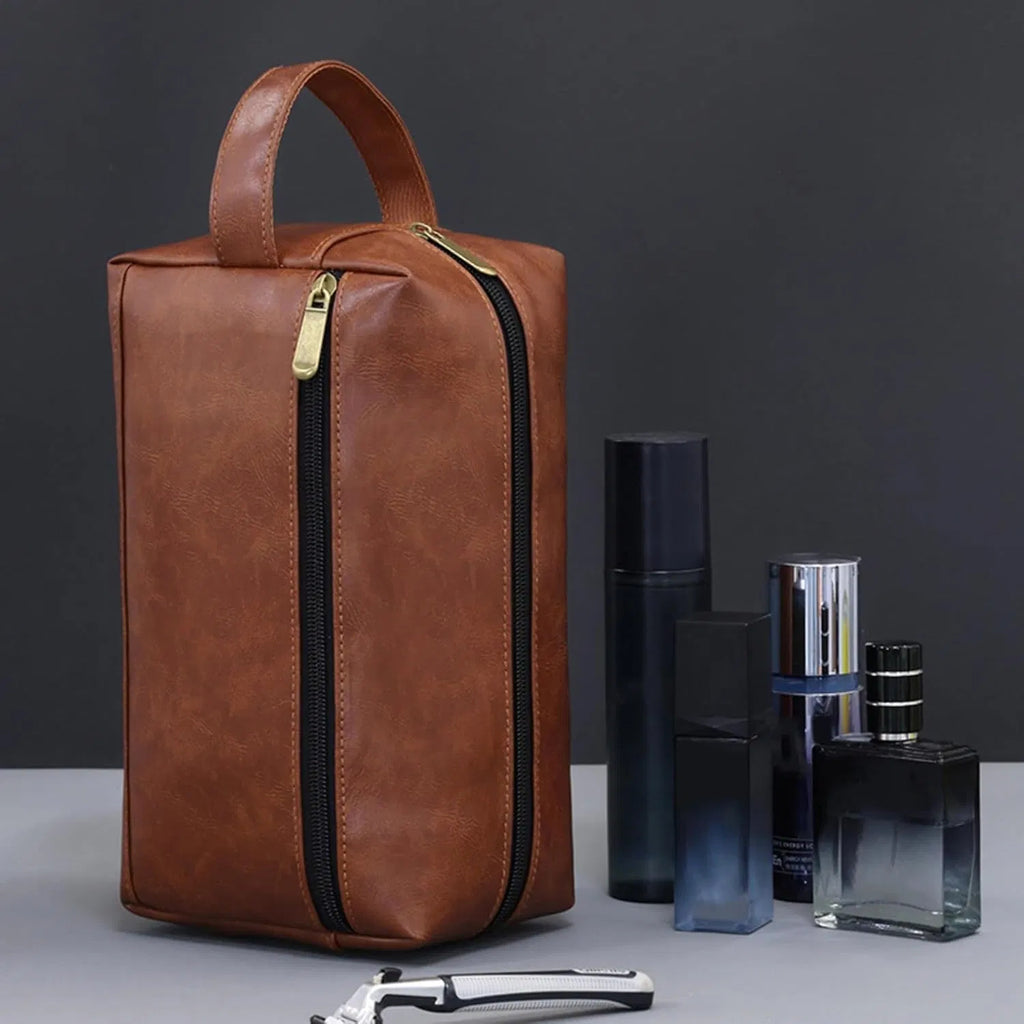 Men's PU Leather Toiletry Bag with Dual Zipper Pockets, Water Resistant Shaving Dopp Kit with Carry Handle for Business Travel