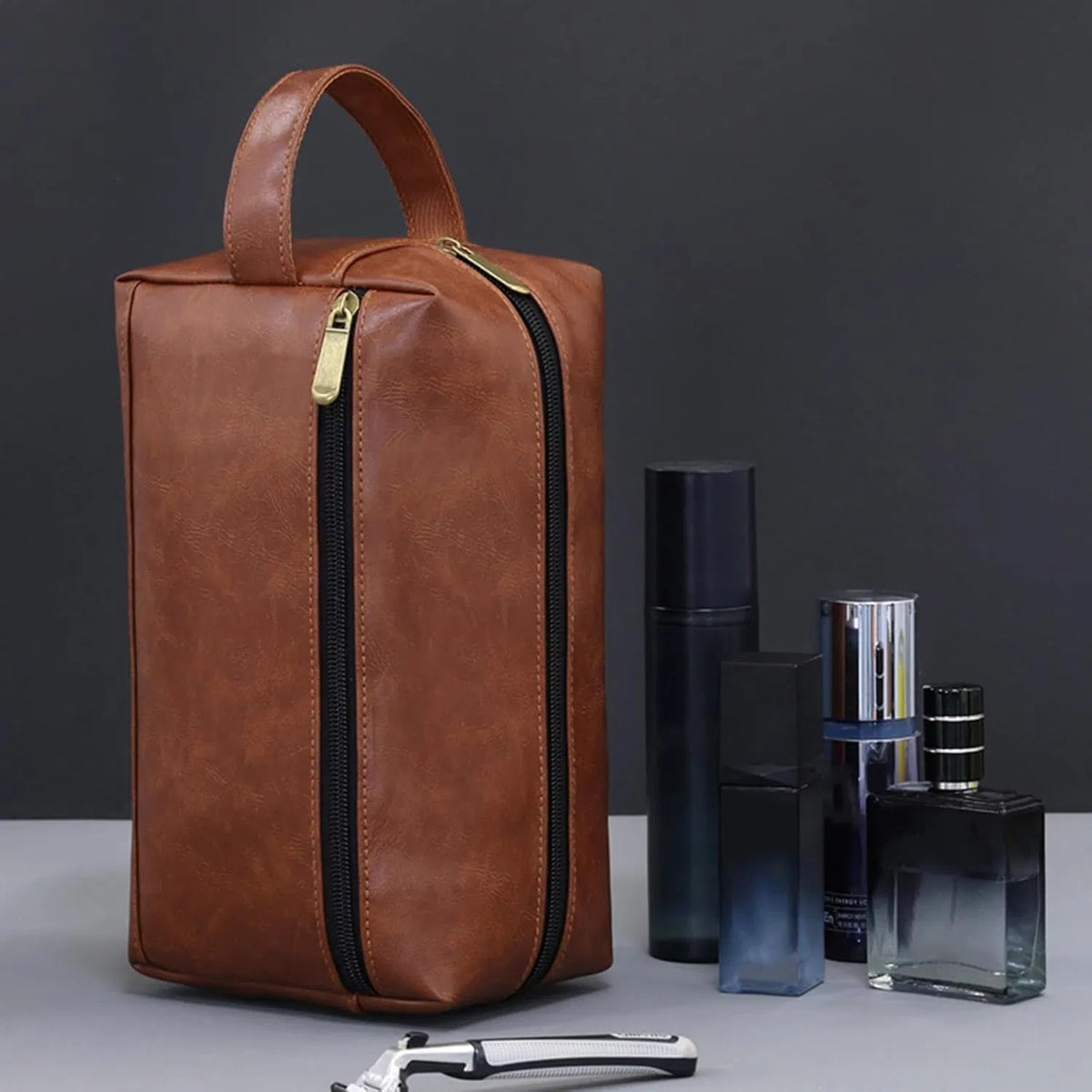 Men's PU Leather Toiletry Bag with Dual Zipper Pockets, Water Resistant Shaving Dopp Kit with Carry Handle for Business Travel