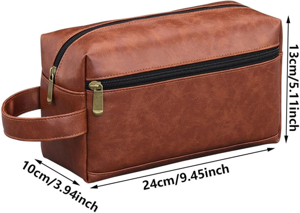 Men's PU Leather Toiletry Bag with Dual Zipper Pockets, Water Resistant Shaving Dopp Kit with Carry Handle for Business Travel