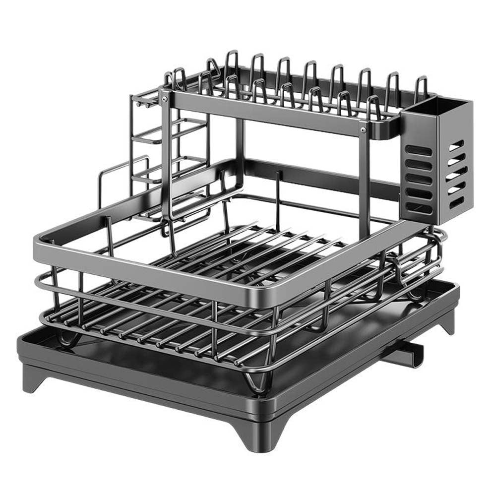 2-Tier Gunmetal Carbon Steel Dish Drying Rack with Telescopic Swivel Drain Spout, No Assembly, Utensil Holder for Kitchen Counter