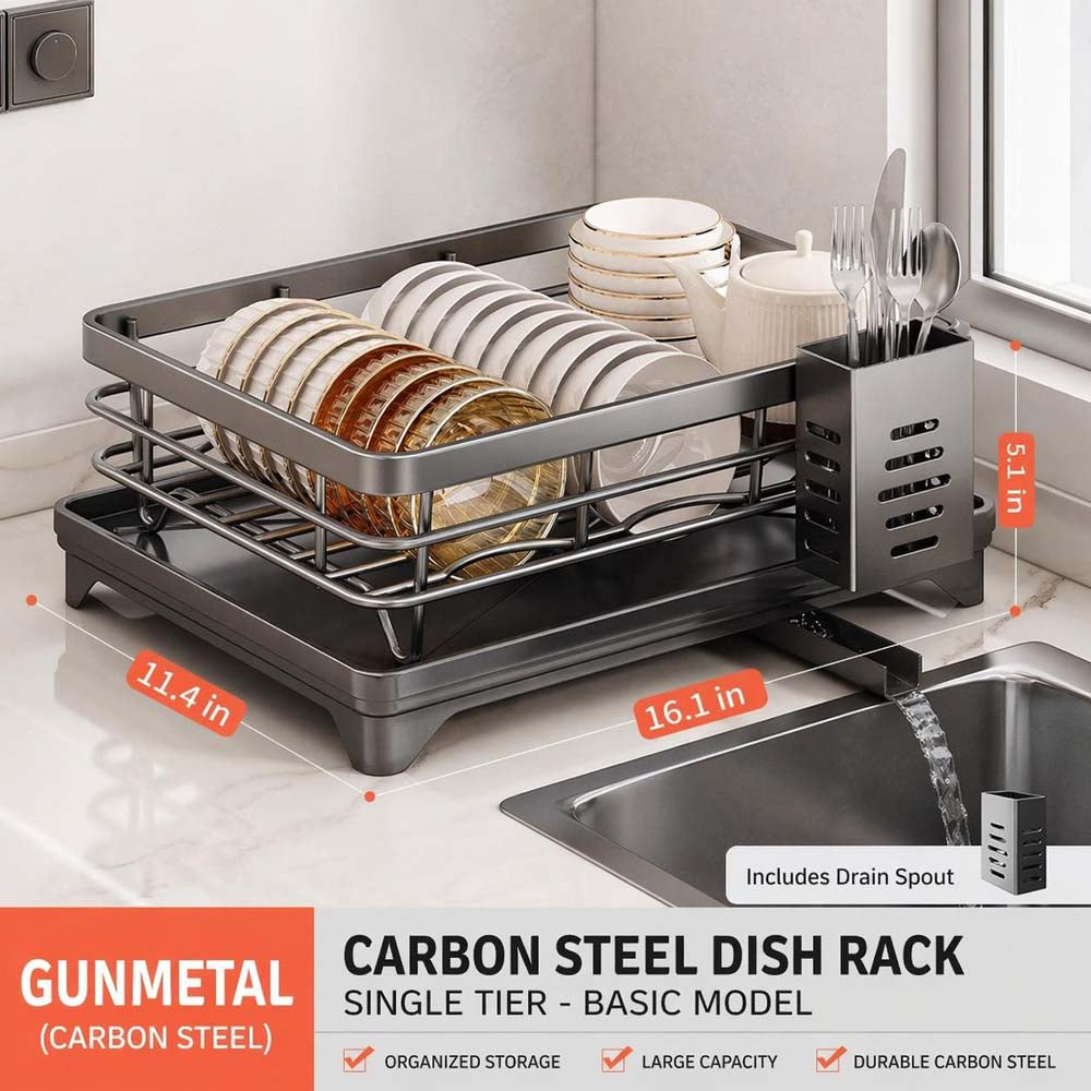 2-Tier Gunmetal Carbon Steel Dish Drying Rack with Telescopic Swivel Drain Spout, No Assembly, Utensil Holder for Kitchen Counter