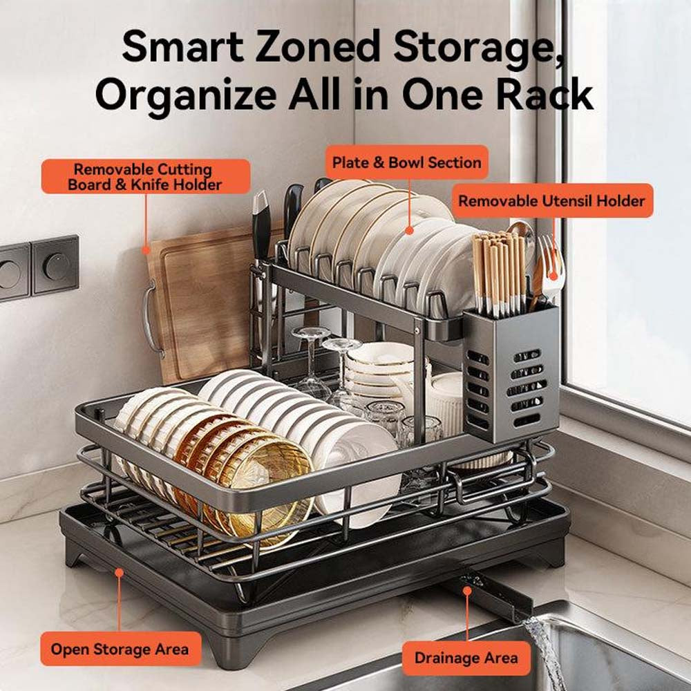 2-Tier Gunmetal Carbon Steel Dish Drying Rack with Telescopic Swivel Drain Spout, No Assembly, Utensil Holder for Kitchen Counter