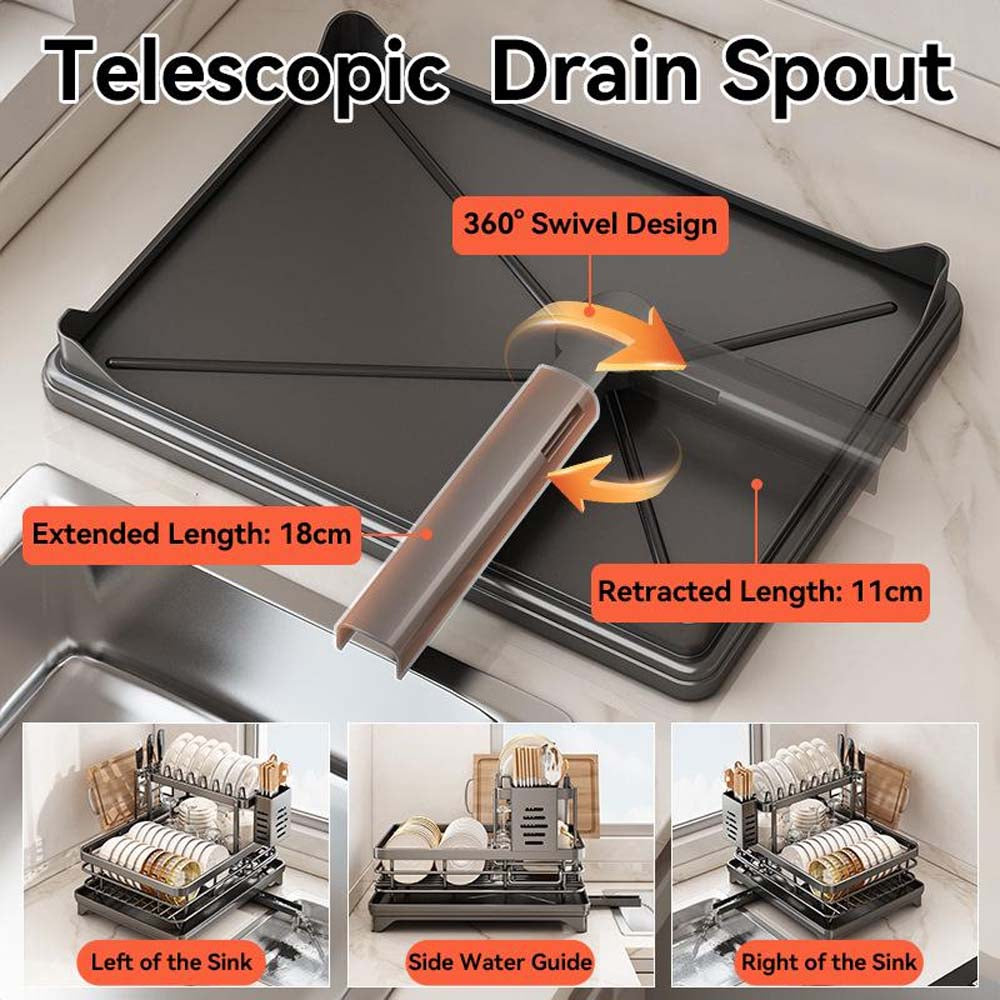 2-Tier Gunmetal Carbon Steel Dish Drying Rack with Telescopic Swivel Drain Spout, No Assembly, Utensil Holder for Kitchen Counter