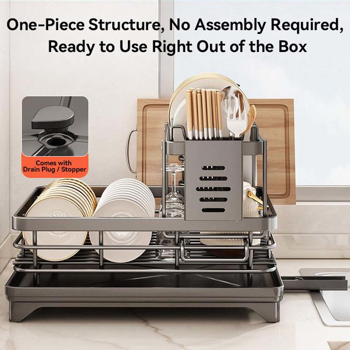 2-Tier Gunmetal Carbon Steel Dish Drying Rack with Telescopic Swivel Drain Spout, No Assembly, Utensil Holder for Kitchen Counter