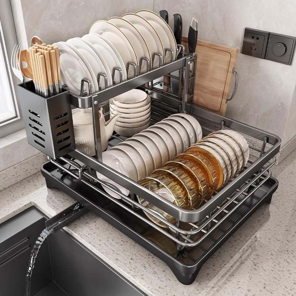 2-Tier Gunmetal Carbon Steel Dish Drying Rack with Telescopic Swivel Drain Spout, No Assembly, Utensil Holder for Kitchen Counter