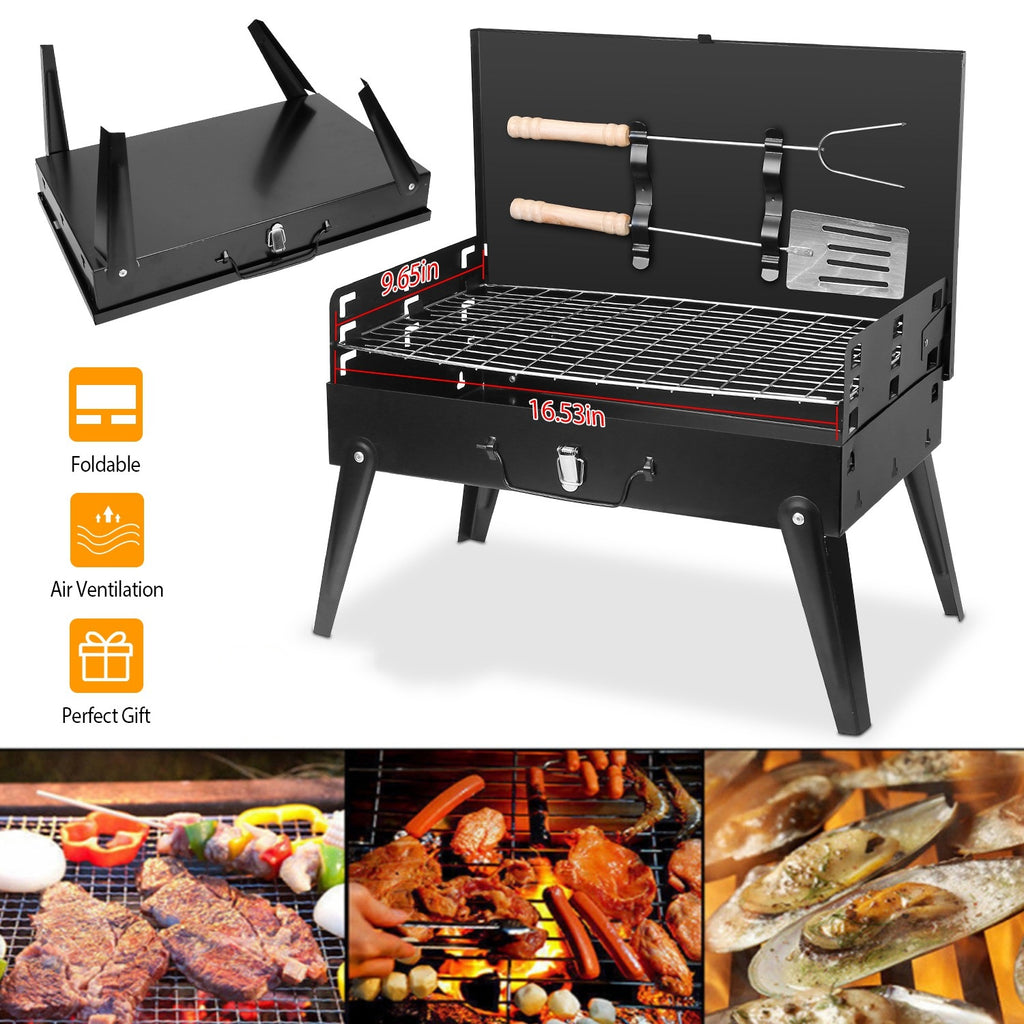Portable Folding Charcoal BBQ Grill with Lid & Grilling Tools, Compact Tabletop Barbecue for Outdoor Camping Backyard Picnic