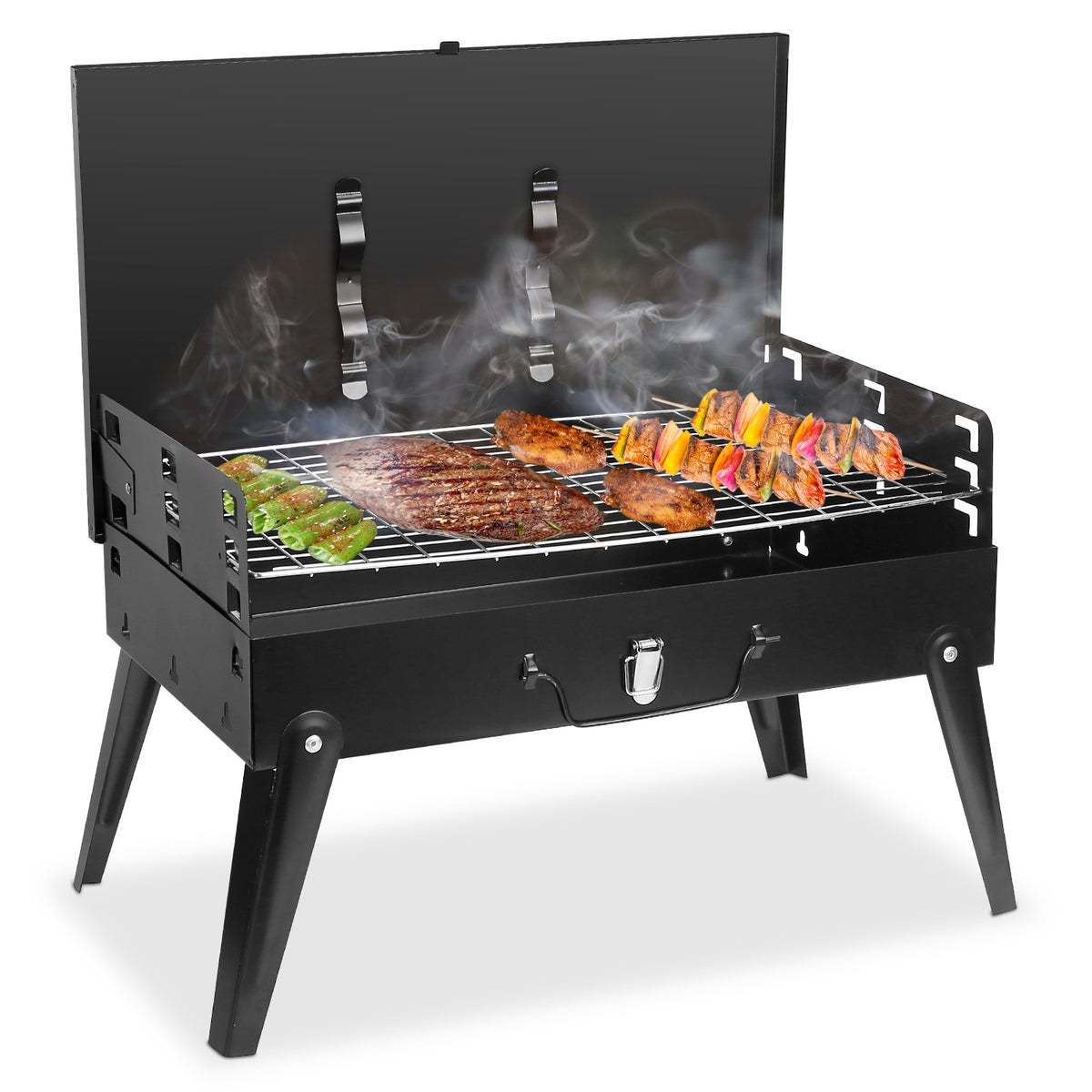 Portable Folding Charcoal BBQ Grill with Lid & Grilling Tools, Compact Tabletop Barbecue for Outdoor Camping Backyard Picnic