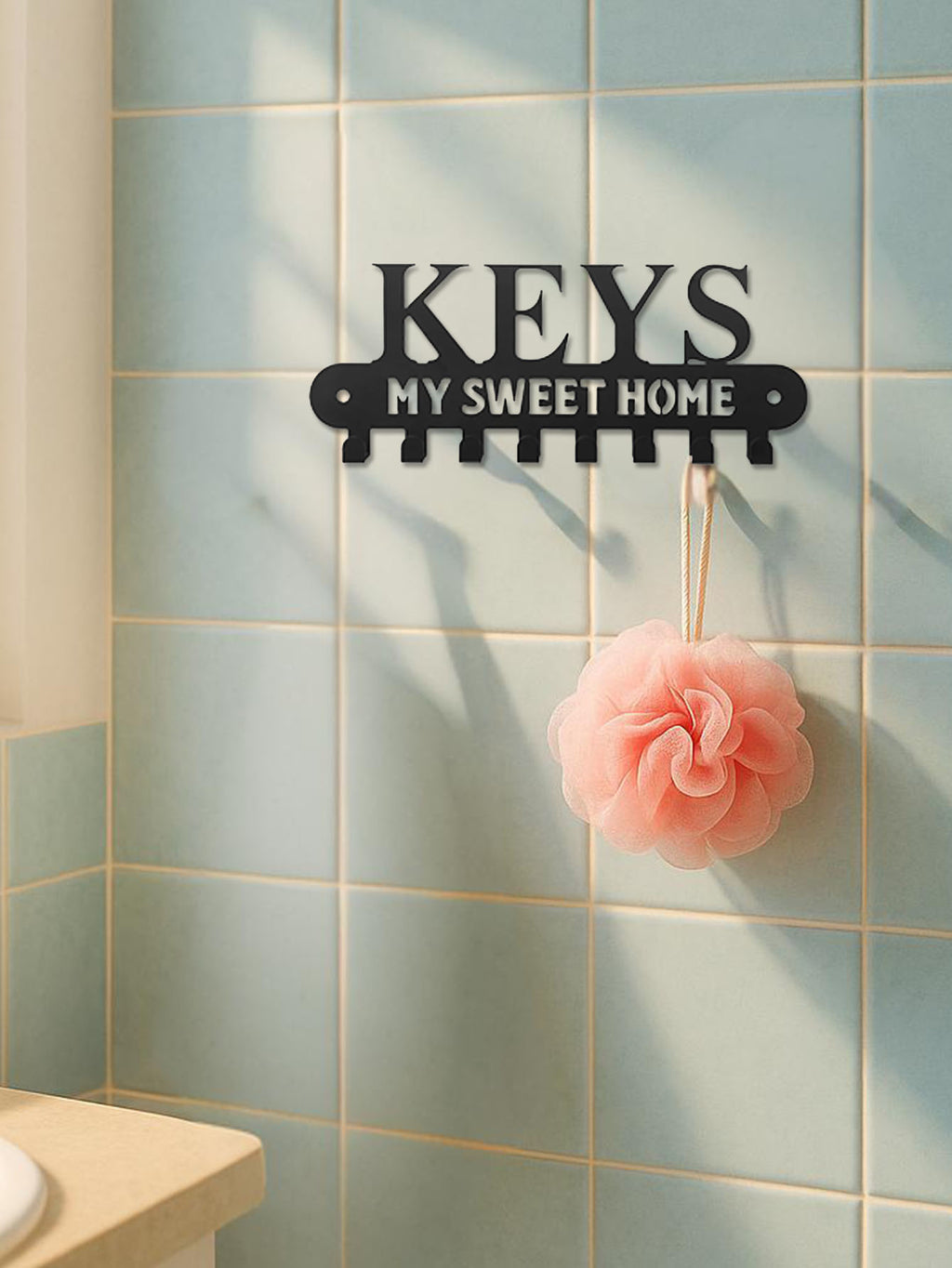 Wall Mounted Key Holder with 8 Hooks, Black Metal Decorative "My Sweet Home" Key Rack Organizer for Entryway Kitchen Bathroom