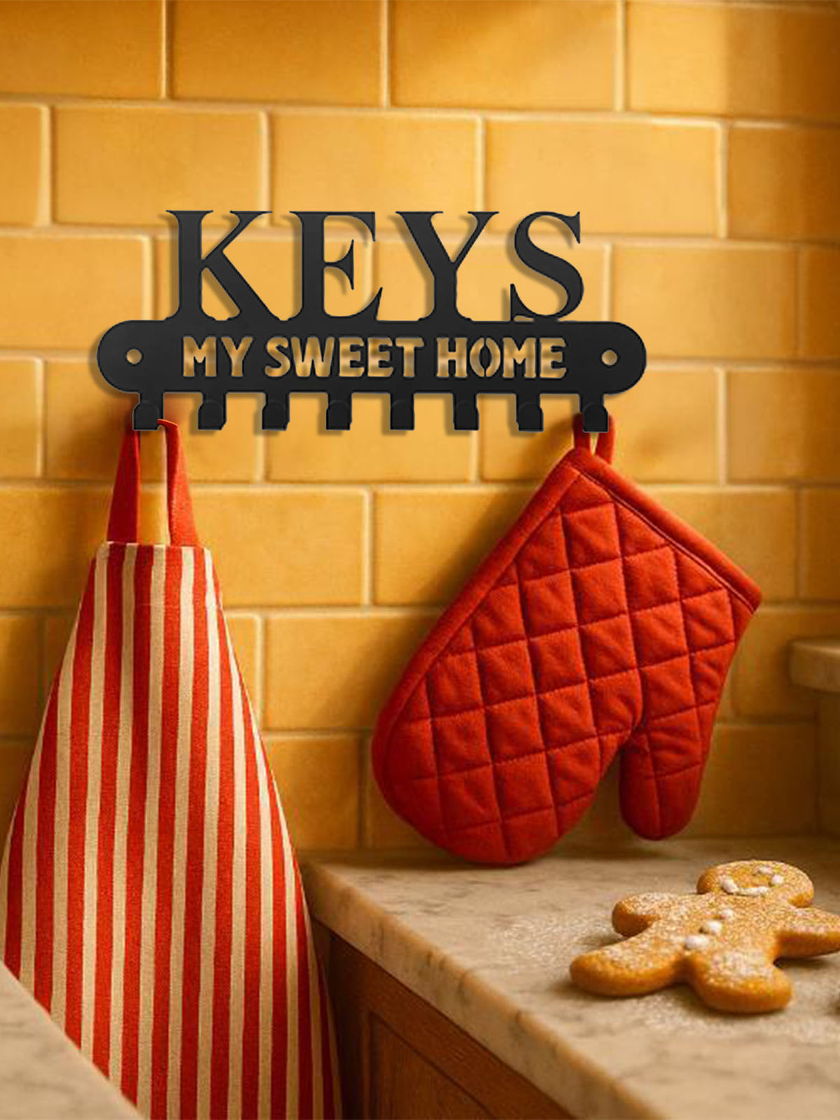 Wall Mounted Key Holder with 8 Hooks, Black Metal Decorative "My Sweet Home" Key Rack Organizer for Entryway Kitchen Bathroom