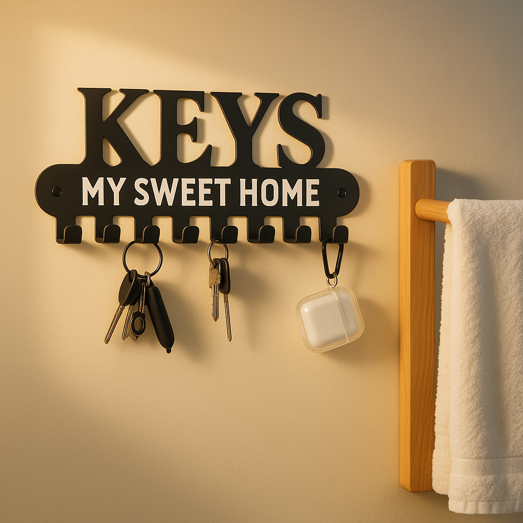 Wall Mounted Key Holder with 8 Hooks, Black Metal Decorative "My Sweet Home" Key Rack Organizer for Entryway Kitchen Bathroom