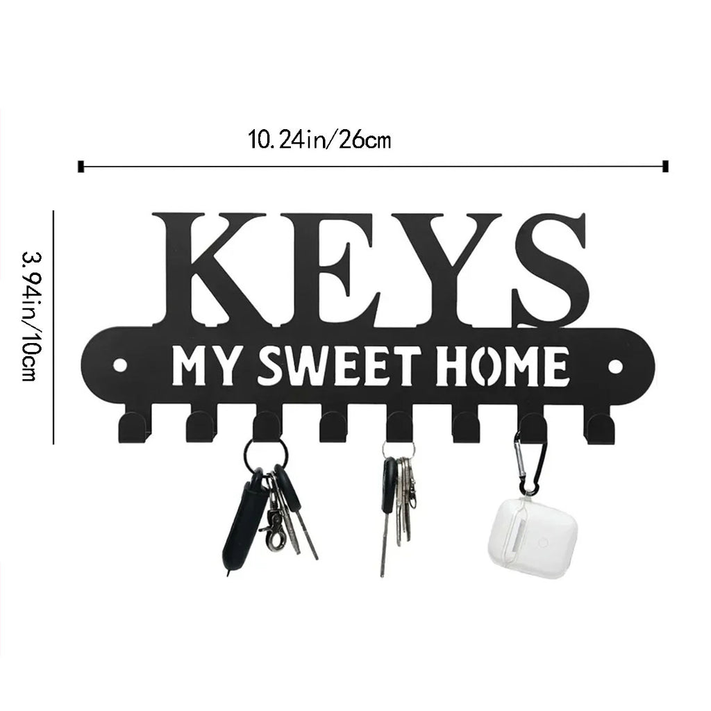 Wall Mounted Key Holder with 8 Hooks, Black Metal Decorative "My Sweet Home" Key Rack Organizer for Entryway Kitchen Bathroom