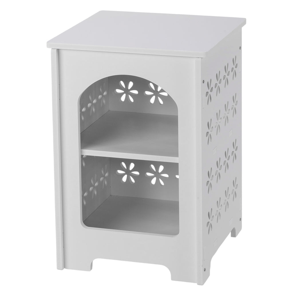 White Floral Cutout End Table Nightstand, 2-Tier Storage Side Table with Hollow Design, Modern Accent Table for Living Room Bedroom