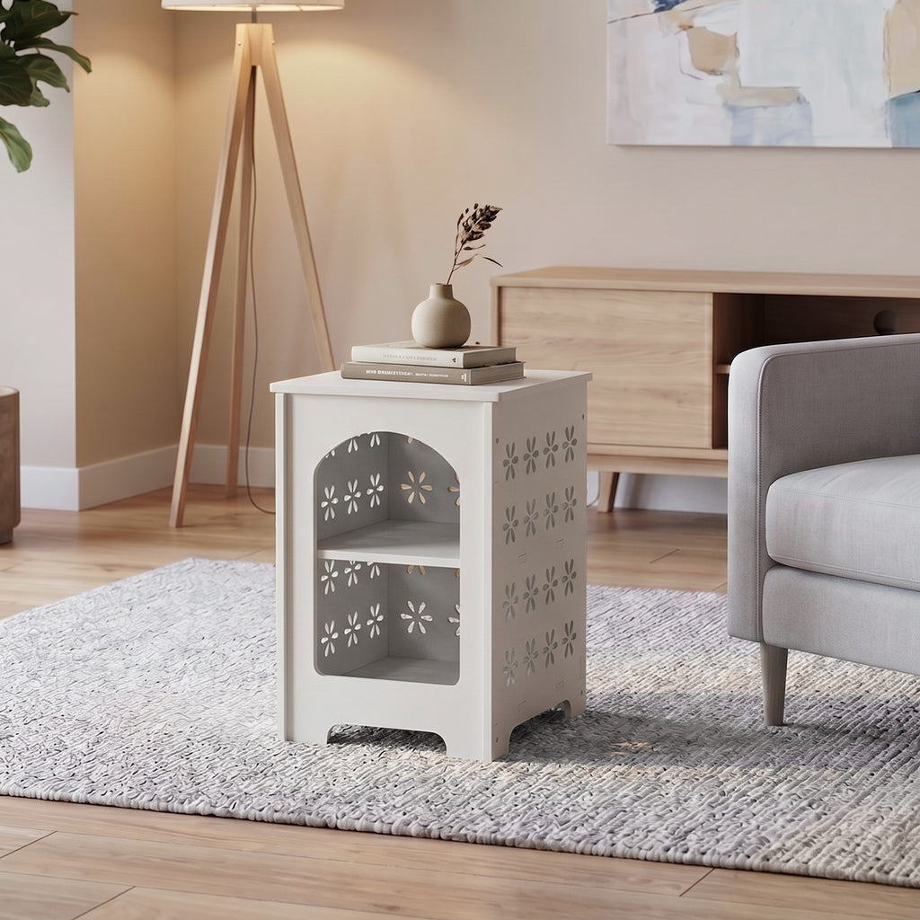 White Floral Cutout End Table Nightstand, 2-Tier Storage Side Table with Hollow Design, Modern Accent Table for Living Room Bedroom