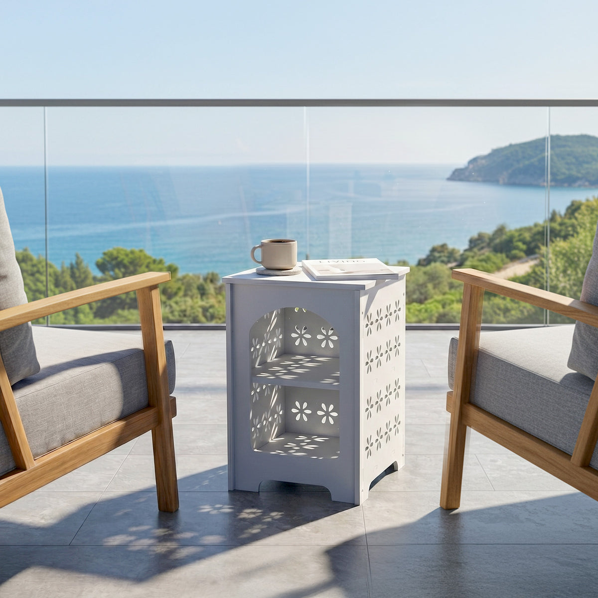 White Floral Cutout End Table Nightstand, 2-Tier Storage Side Table with Hollow Design, Modern Accent Table for Living Room Bedroom