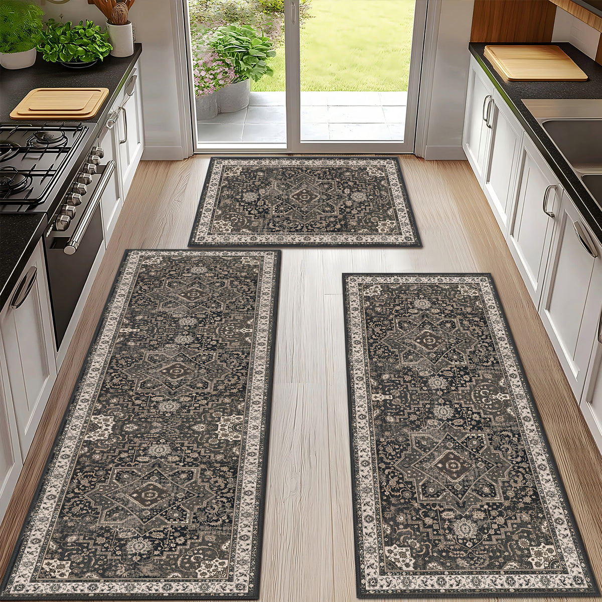 3 Piece Persian Vintage Kitchen Rug Set, Non Slip Washable Low Pile Floor Runner Mats for Kitchen Laundry Bathroom Hallway
