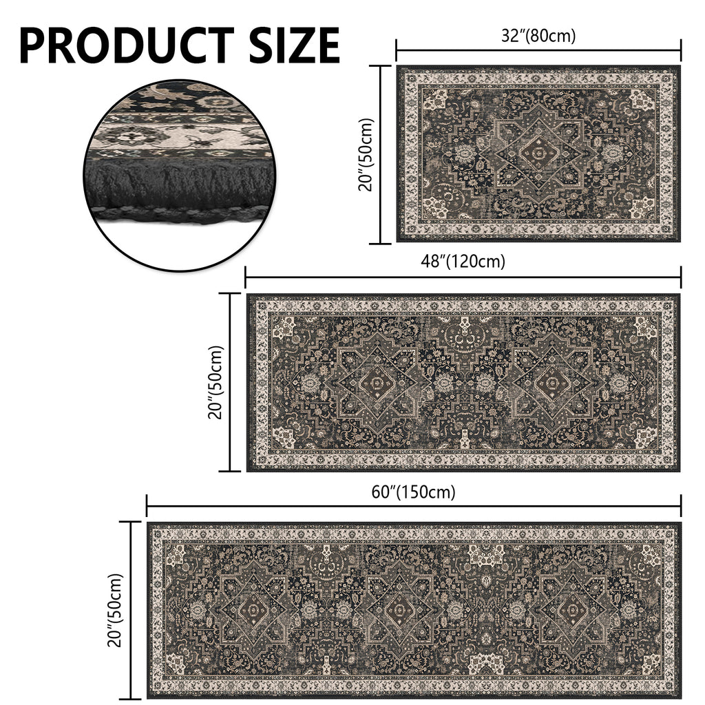 3 Piece Persian Vintage Kitchen Rug Set, Non Slip Washable Low Pile Floor Runner Mats for Kitchen Laundry Bathroom Hallway