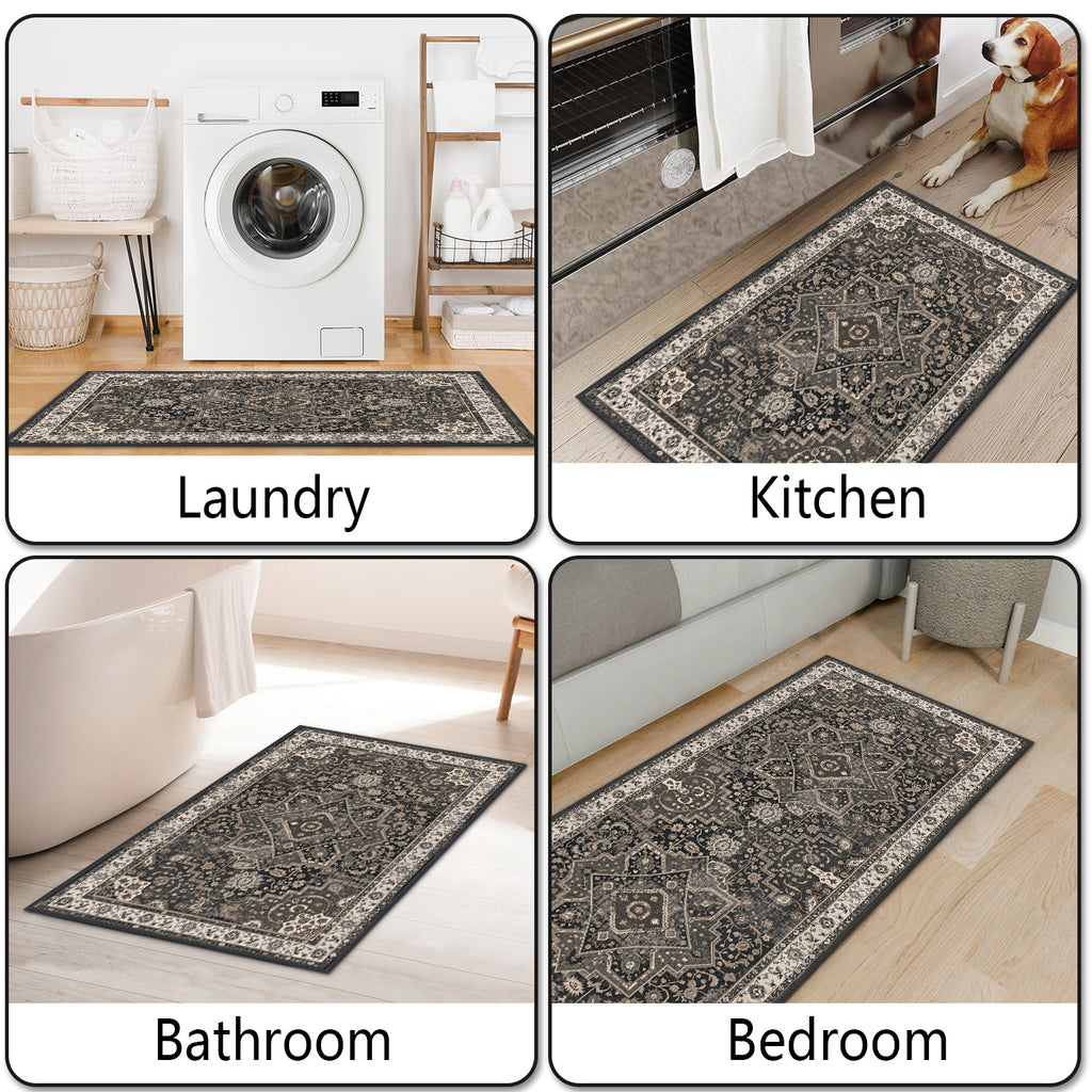 3 Piece Persian Vintage Kitchen Rug Set, Non Slip Washable Low Pile Floor Runner Mats for Kitchen Laundry Bathroom Hallway