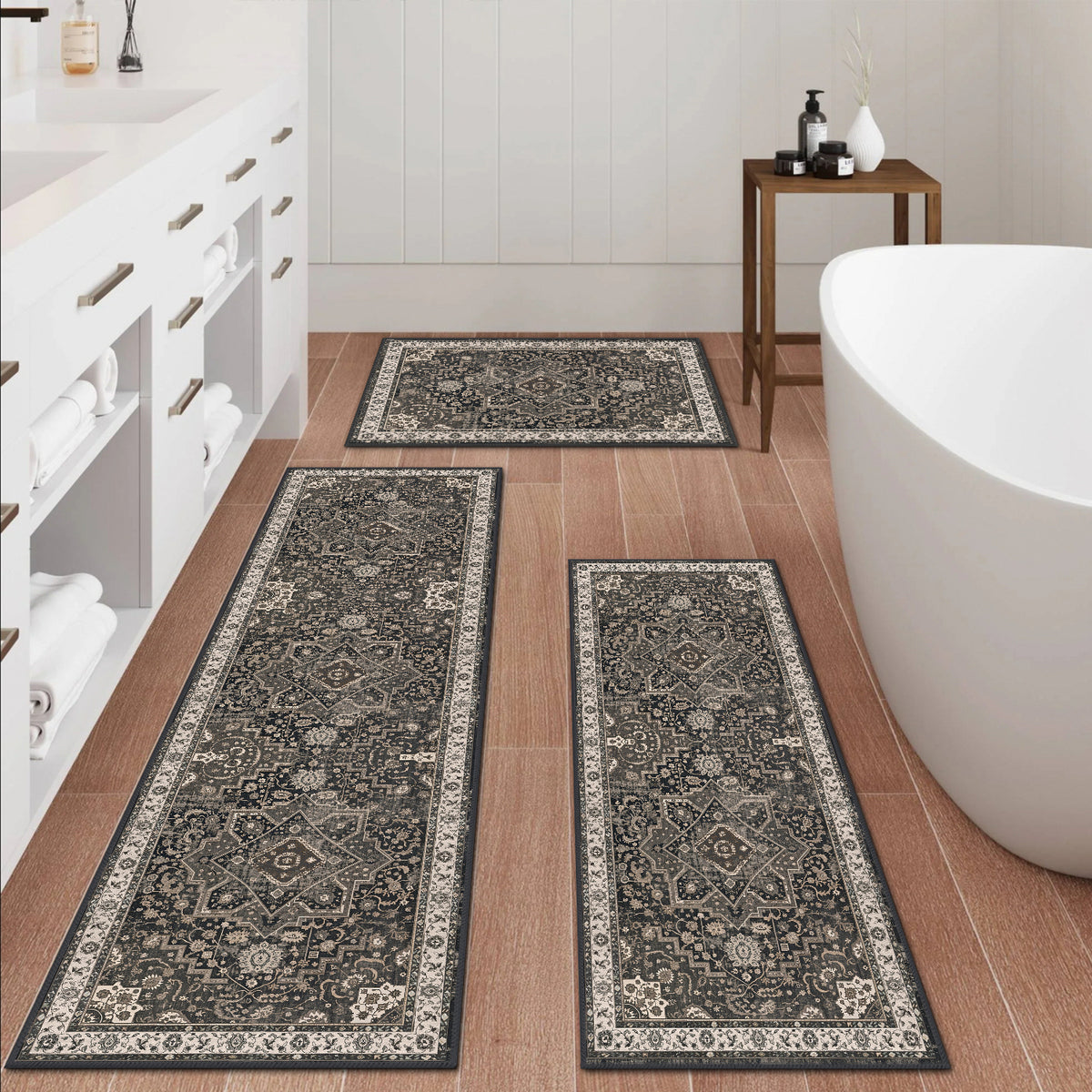 3 Piece Persian Vintage Kitchen Rug Set, Non Slip Washable Low Pile Floor Runner Mats for Kitchen Laundry Bathroom Hallway