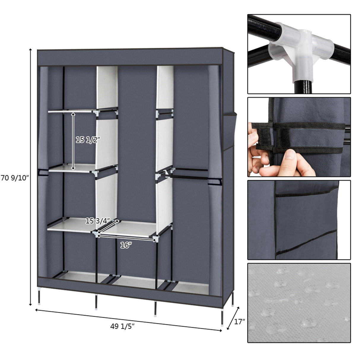 Closet Organizer Portable Fabric Wardrobe with Hanging Rods & Shelves, 49" Freestanding Dustproof Clothes Storage for Bedroom Dorm