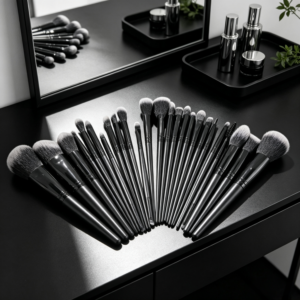 25 Pcs Professional Makeup Brush Set, Premium Synthetic Bristles Foundation Blush Eyeshadow Brushes, Black Face Eye Makeup Kit