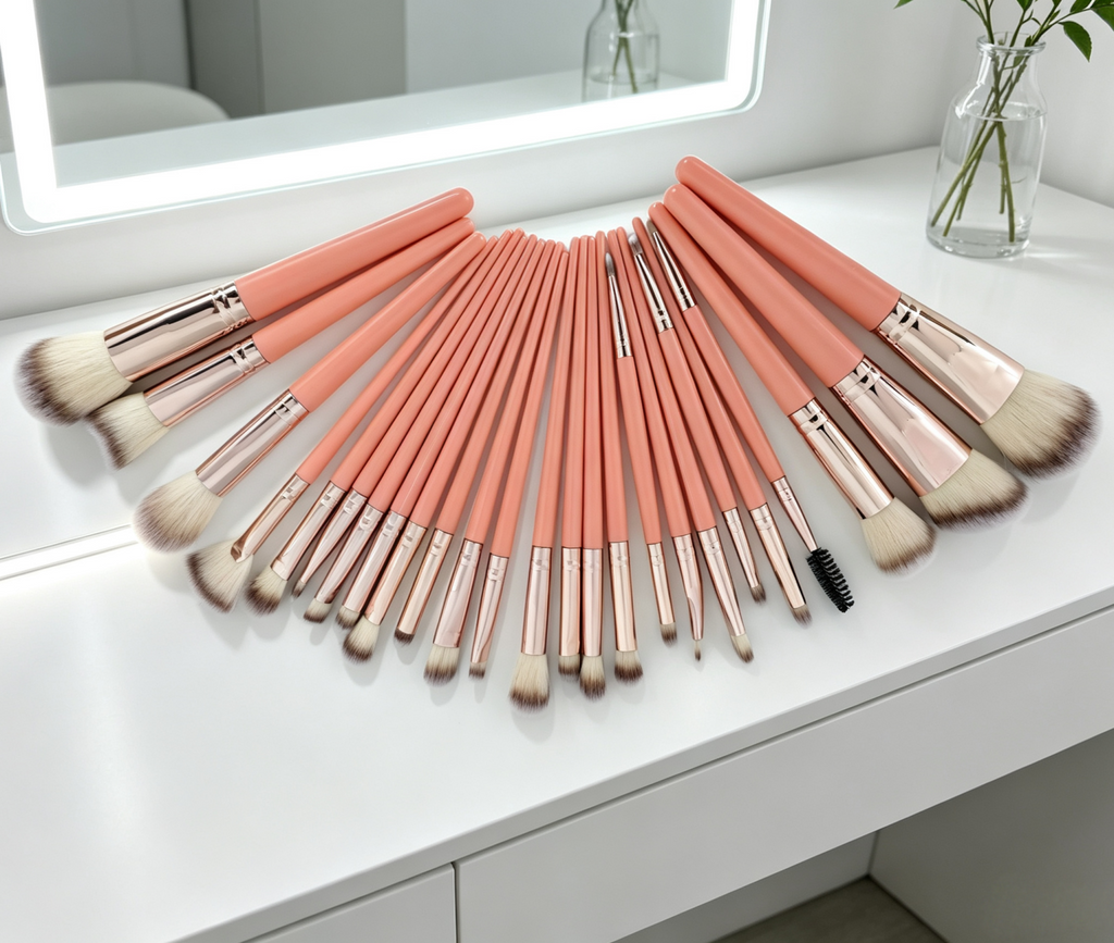 25 Pcs Pink Rose Gold Makeup Brush Set, Premium Synthetic Bristles Foundation Blush Eyeshadow Brushes for Face Eye Makeup