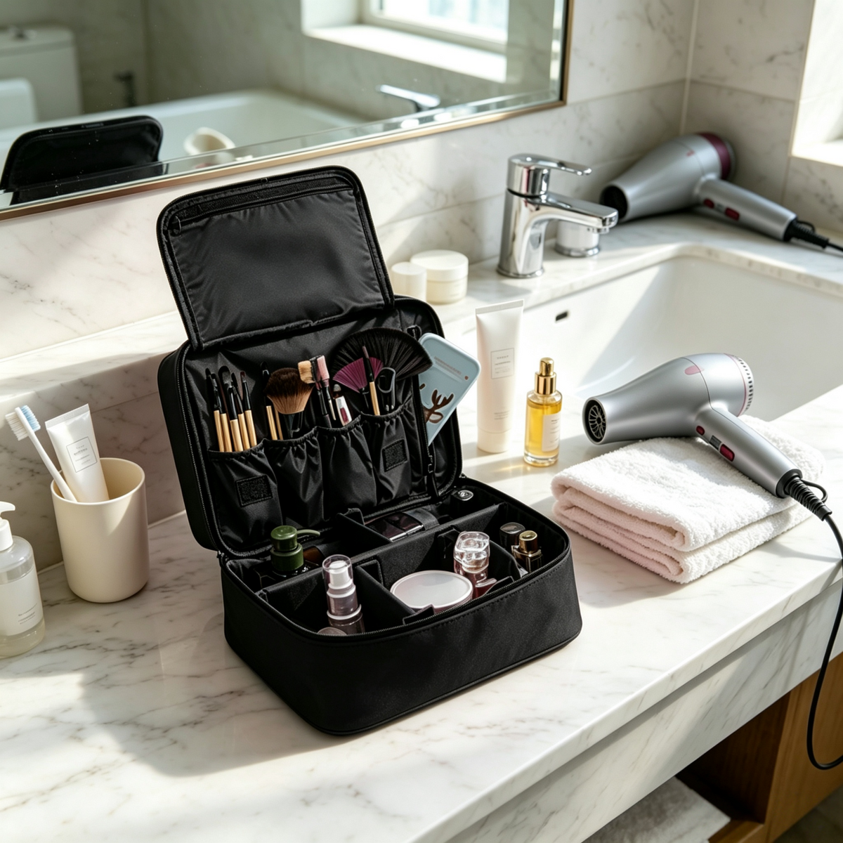 Makeup Bag Travel Cosmetic Case with Adjustable Dividers & Brush Holders, Waterproof Portable Toiletry Organizer for Women