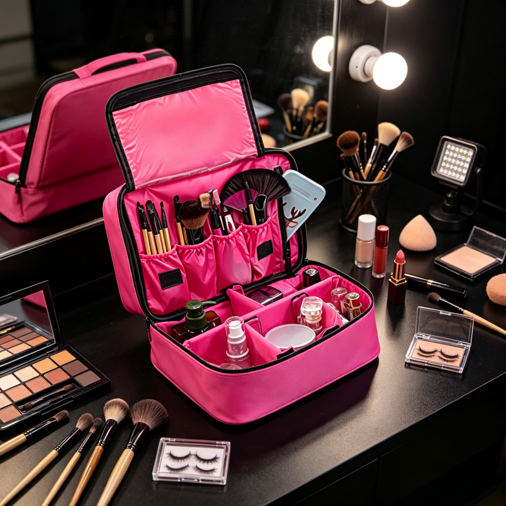 Pink Travel Makeup Bag with Adjustable Dividers & Brush Holders, Waterproof Portable Cosmetic Toiletry Organizer Case for Women