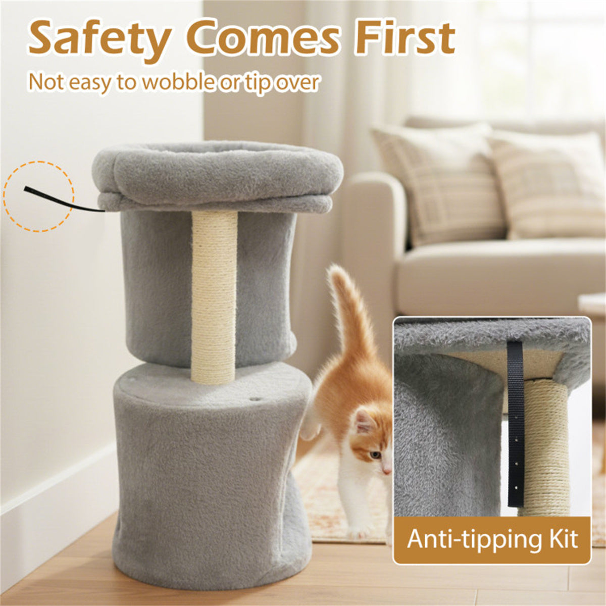 2-Tier Cat Tree Tower with 2 Condos & Sisal Scratching Post, Soft Plush Perch Anti-Tipping Cat Furniture for Indoor Cats