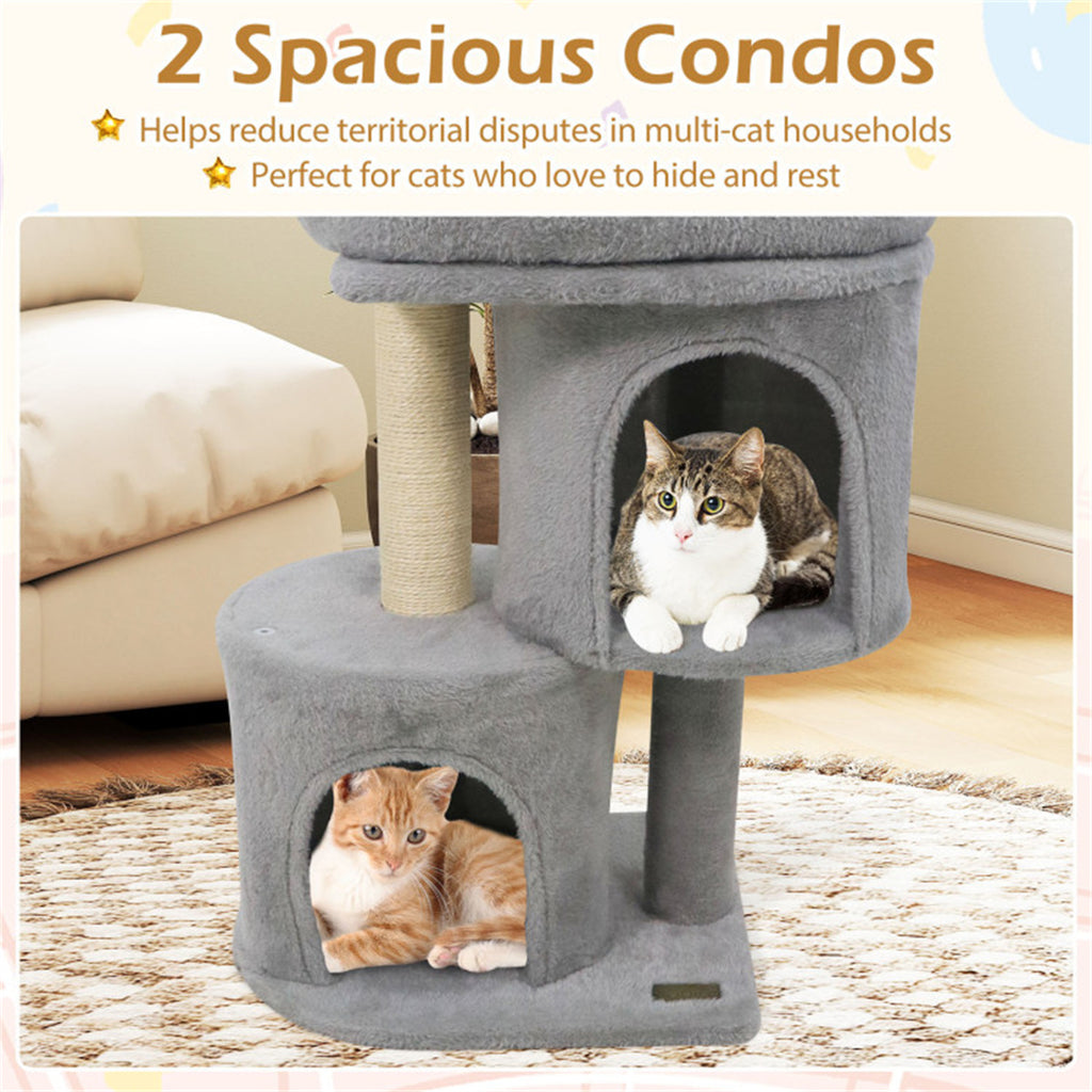 2-Tier Cat Tree Tower with 2 Condos & Sisal Scratching Post, Soft Plush Perch Anti-Tipping Cat Furniture for Indoor Cats