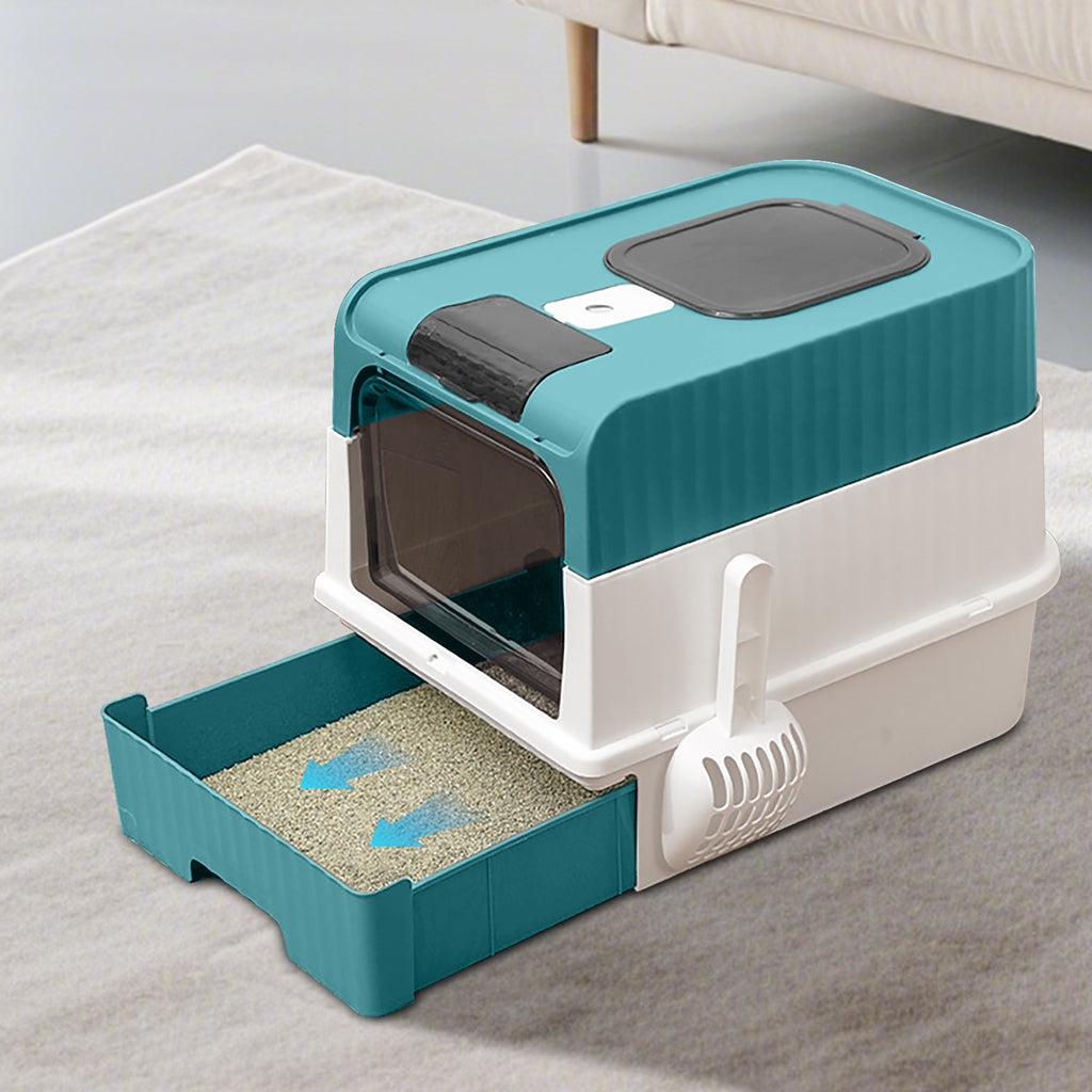 Enclosed Cat Litter Box with Drawer & Top Entry, Hooded Cat Toilet with Litter Scoop, Odor Resistant Easy Clean for Indoor Cats