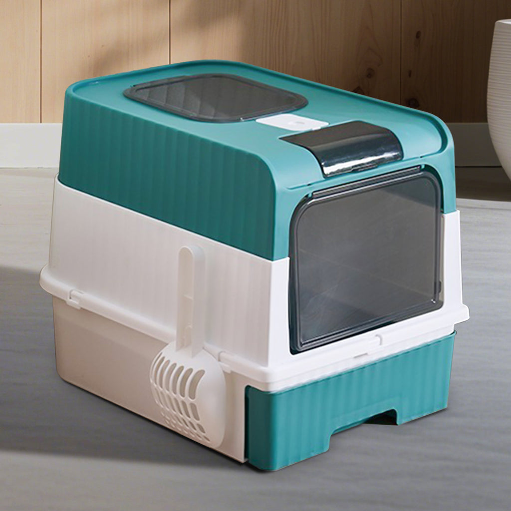 Enclosed Cat Litter Box with Drawer & Top Entry, Hooded Cat Toilet with Litter Scoop, Odor Resistant Easy Clean for Indoor Cats