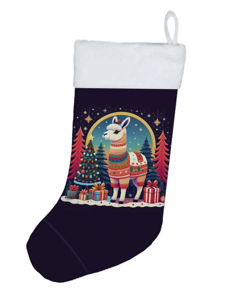 Llama Christmas Stocking 18 Inch with Plush White Cuff, Cute Alpaca Xmas Stocking for Fireplace Mantel Holiday Decor & Gifts