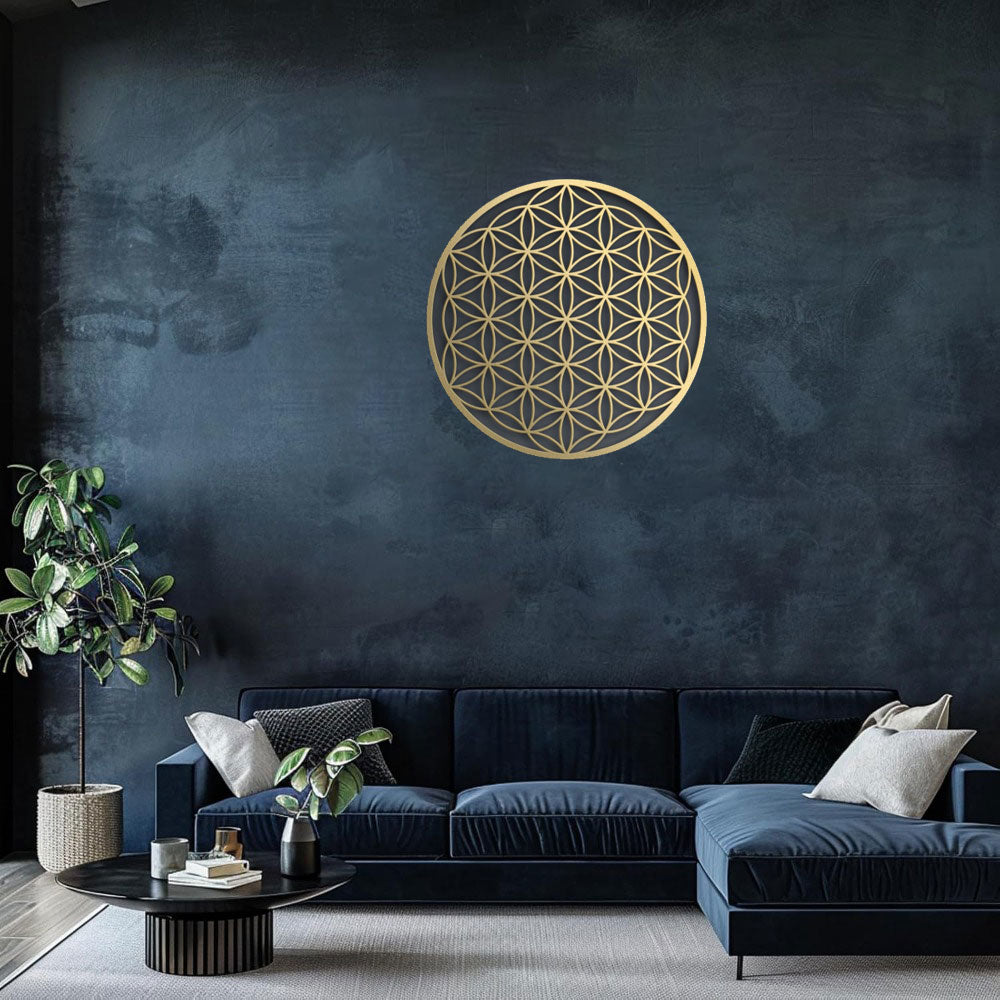 Gold Flower of Life Metal Wall Art 16 Inch, Sacred Geometry Round Wall Decor, Spiritual Hanging Art for Living Room Bedroom Yoga Space