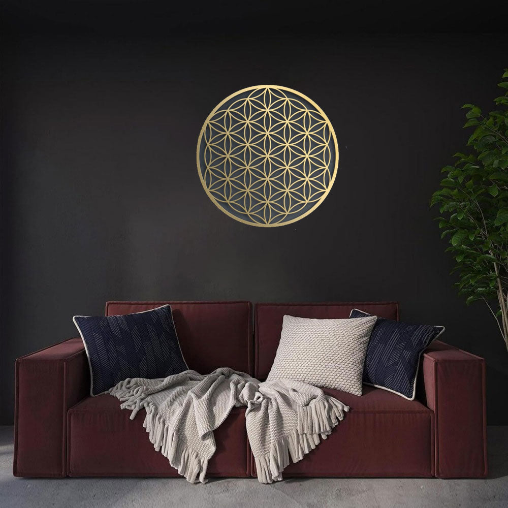 Gold Flower of Life Metal Wall Art 16 Inch, Sacred Geometry Round Wall Decor, Spiritual Hanging Art for Living Room Bedroom Yoga Space