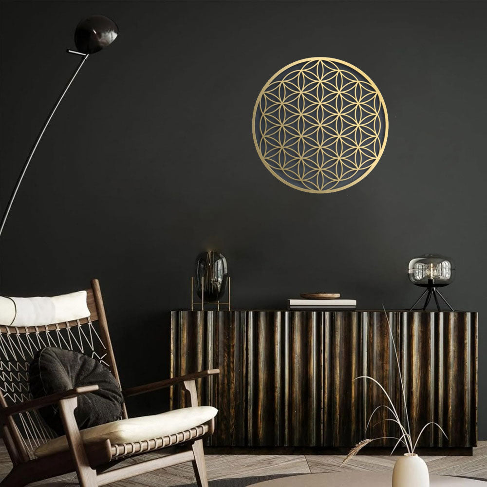Gold Flower of Life Metal Wall Art 16 Inch, Sacred Geometry Round Wall Decor, Spiritual Hanging Art for Living Room Bedroom Yoga Space