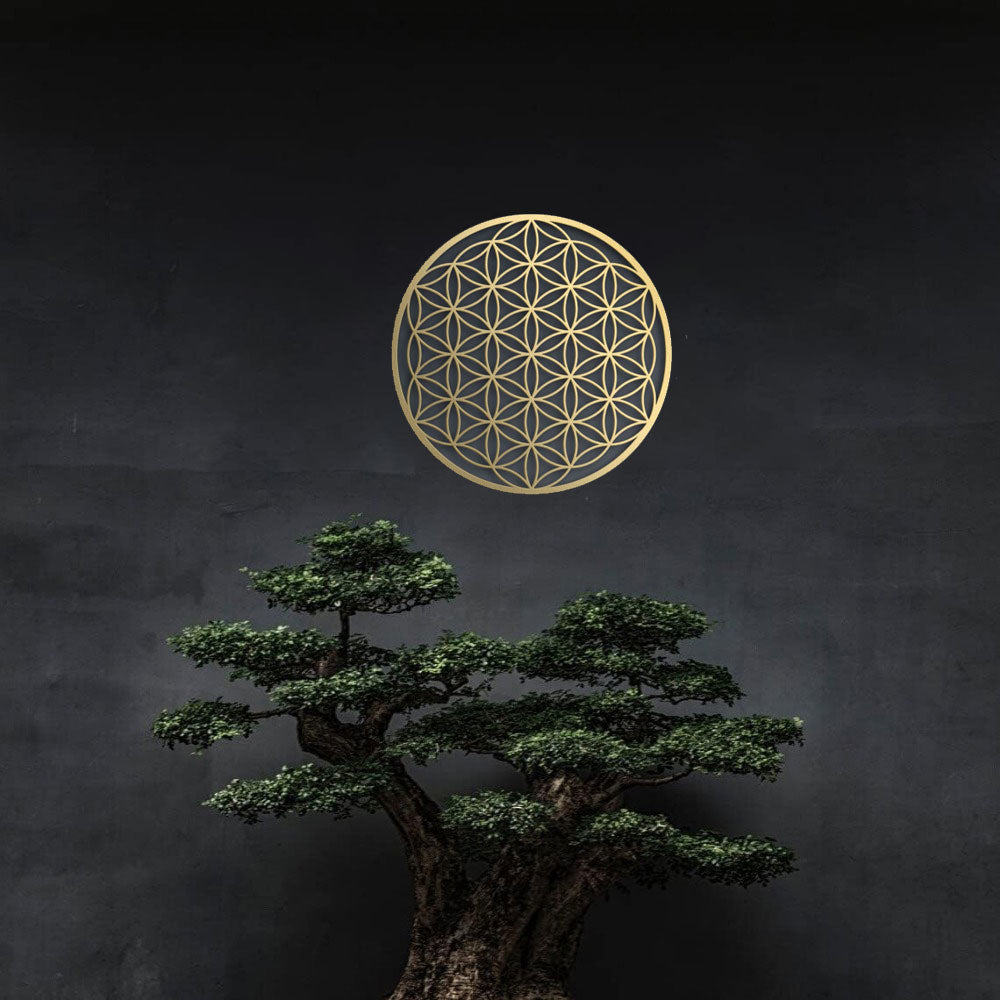 Gold Flower of Life Metal Wall Art 16 Inch, Sacred Geometry Round Wall Decor, Spiritual Hanging Art for Living Room Bedroom Yoga Space