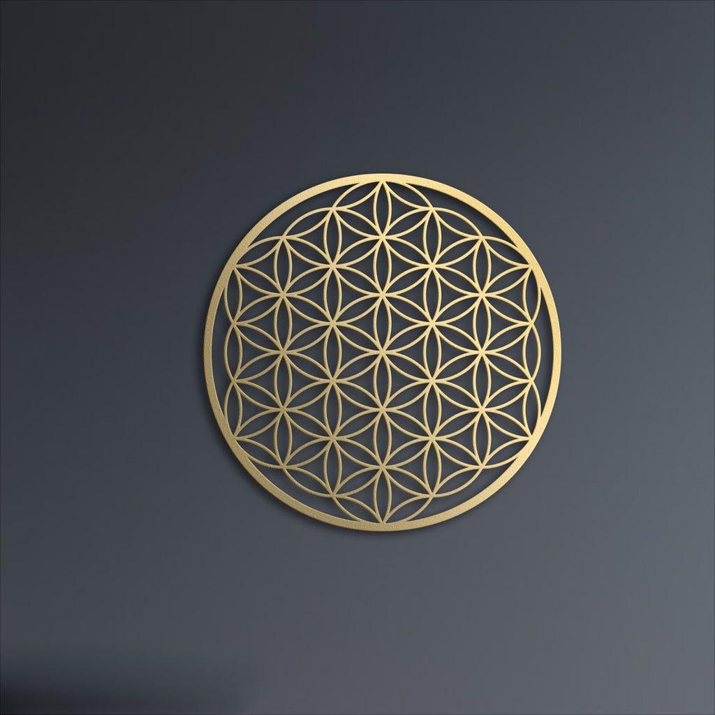 Gold Flower of Life Metal Wall Art 16 Inch, Sacred Geometry Round Wall Decor, Spiritual Hanging Art for Living Room Bedroom Yoga Space